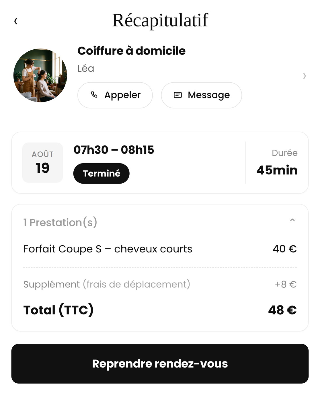 Le récapitulatif d’un rendez-vous dans l’application Welcome RDV, avec le bouton Reprendre rendez-vous
