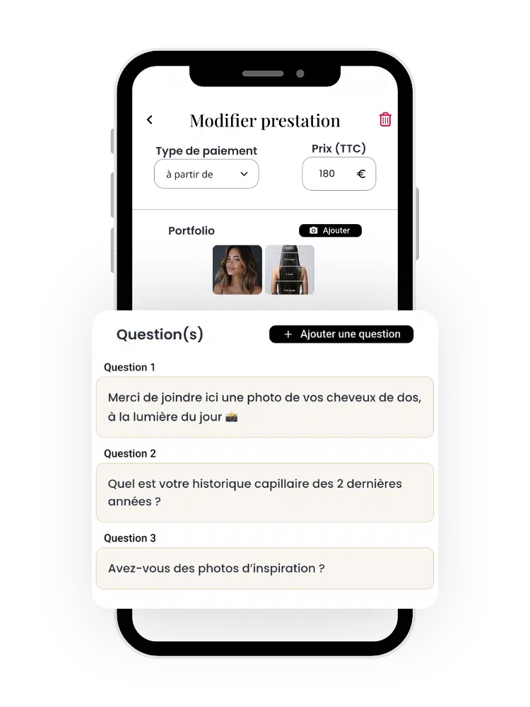 Capture de l'application : diagnostic client avec questions et photos