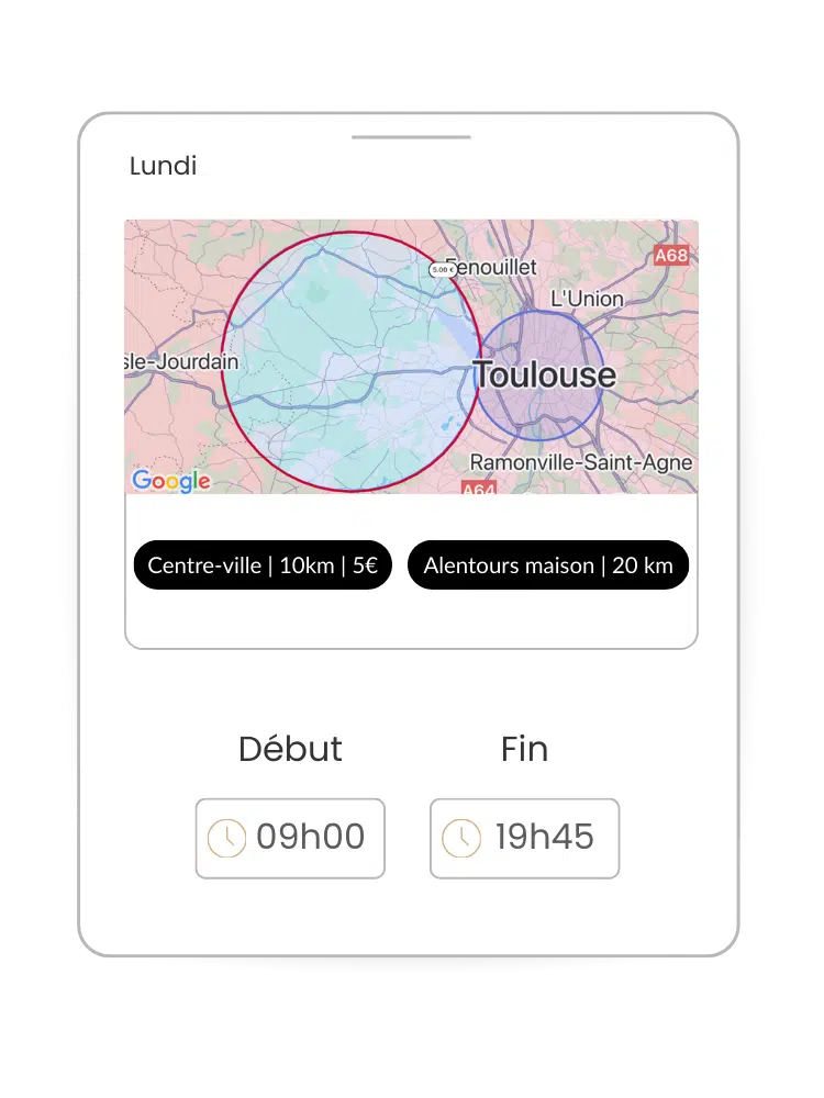 Capture de l'application : réglage des secteurs, distance maximale entre les clients et temps de trajet