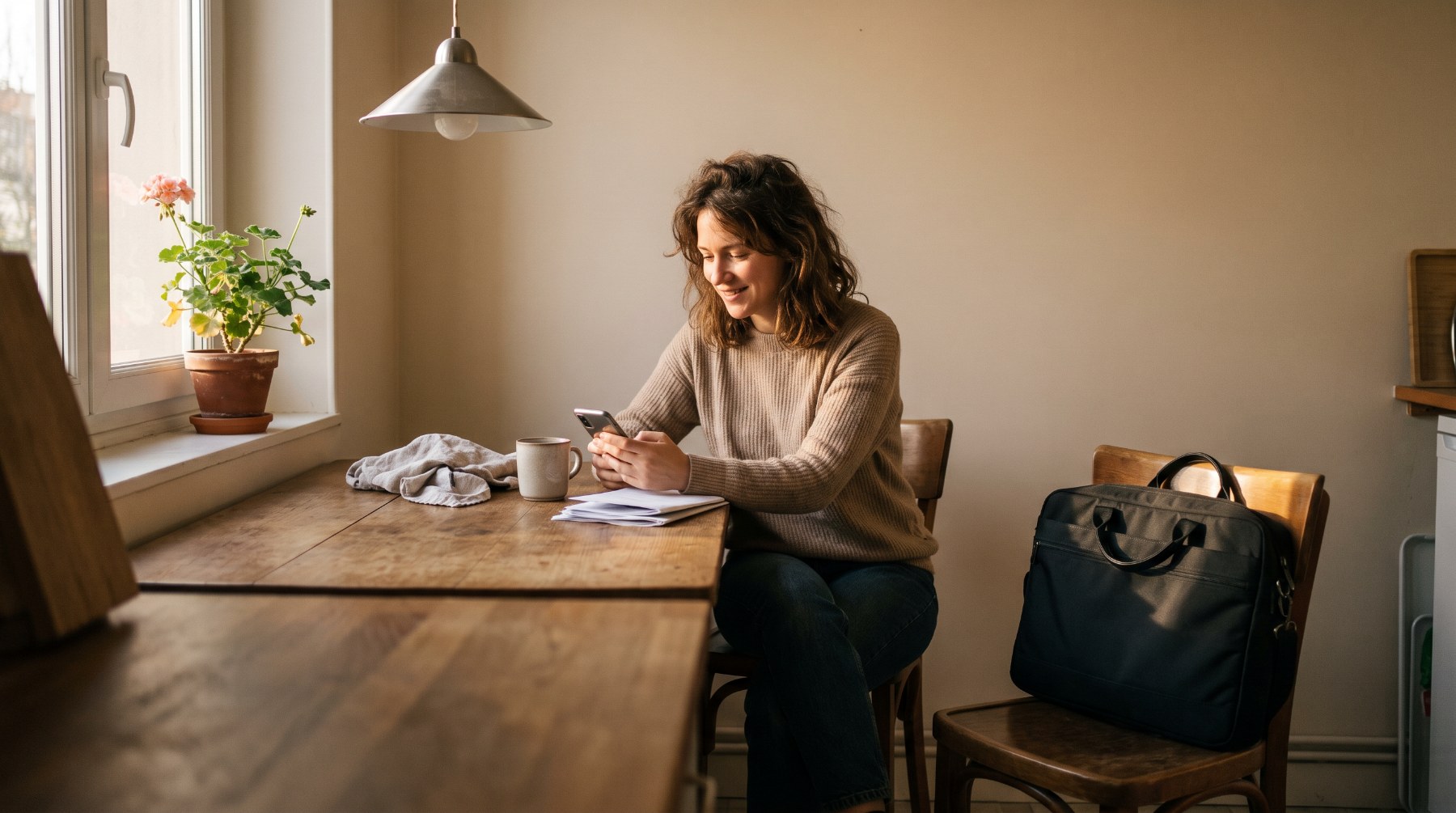 Une professionnelle à domicile fait sa gestion depuis son téléphone, à sa table, en fin de journée