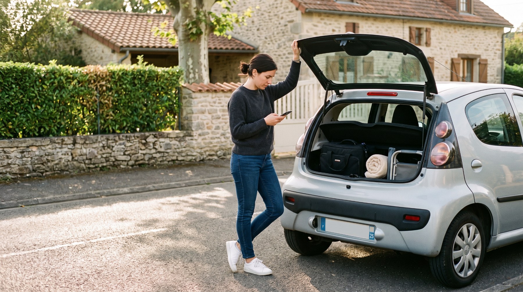 Une coiffeuse à domicile range son matériel dans le coffre de sa voiture entre deux rendez-vous