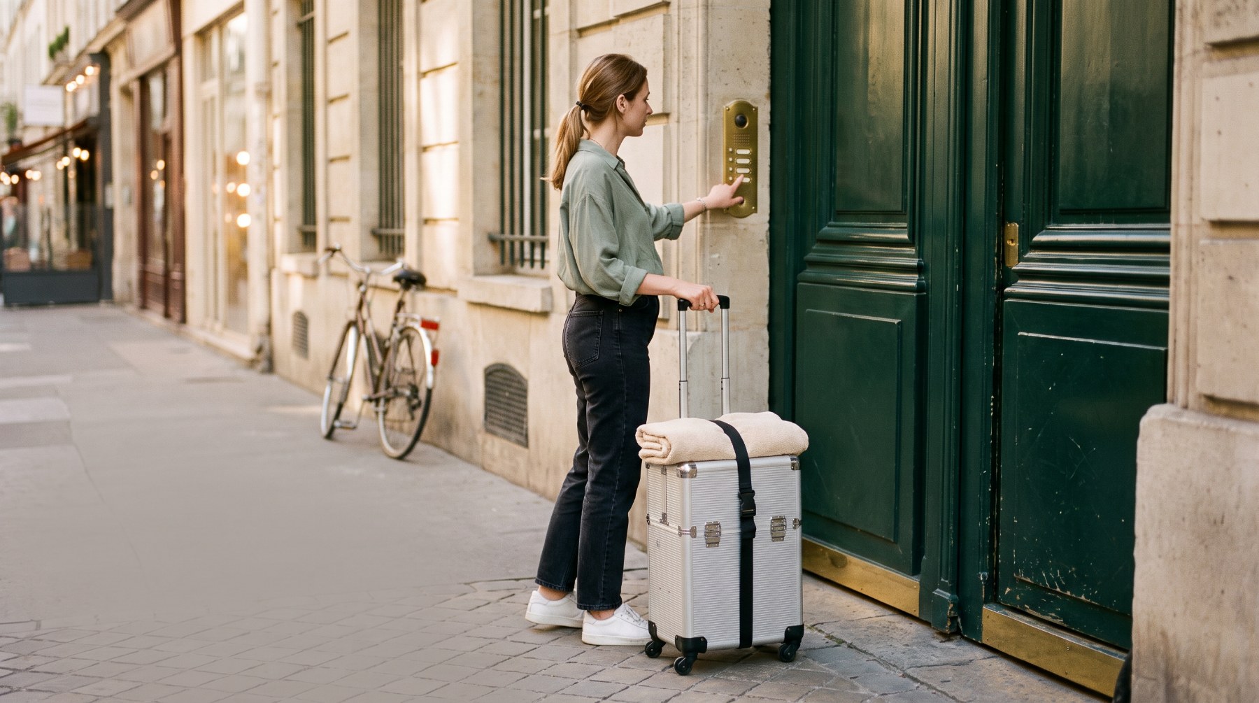Une esthéticienne à domicile arrive chez une cliente avec sa valise de soins