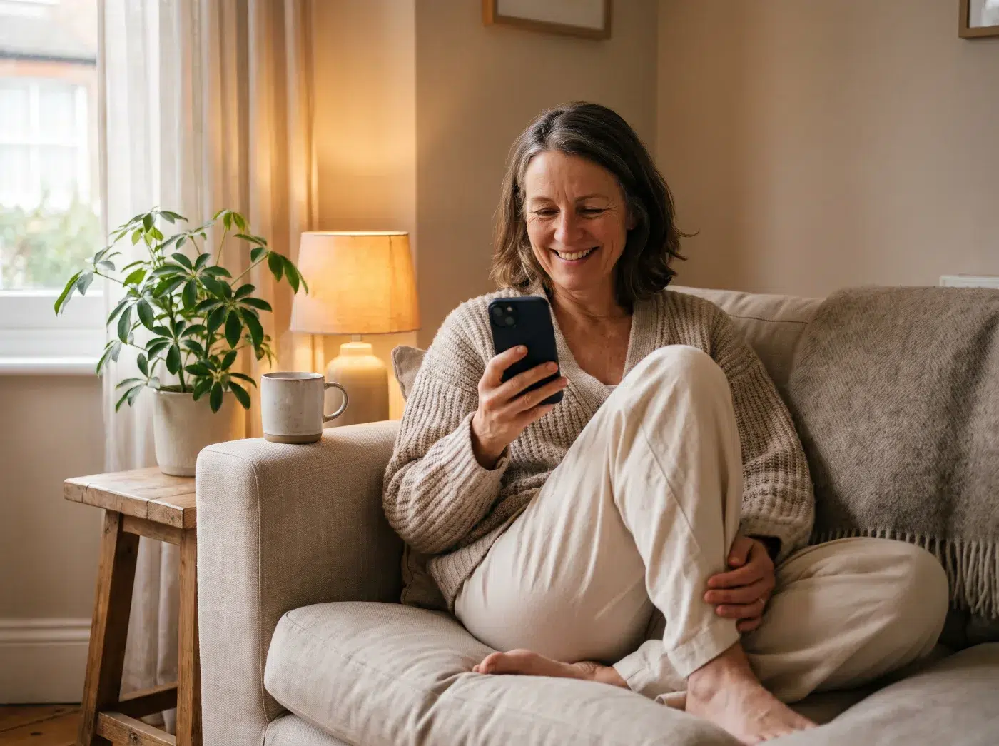 Une femme détendue chez elle, téléphone en main, sourit