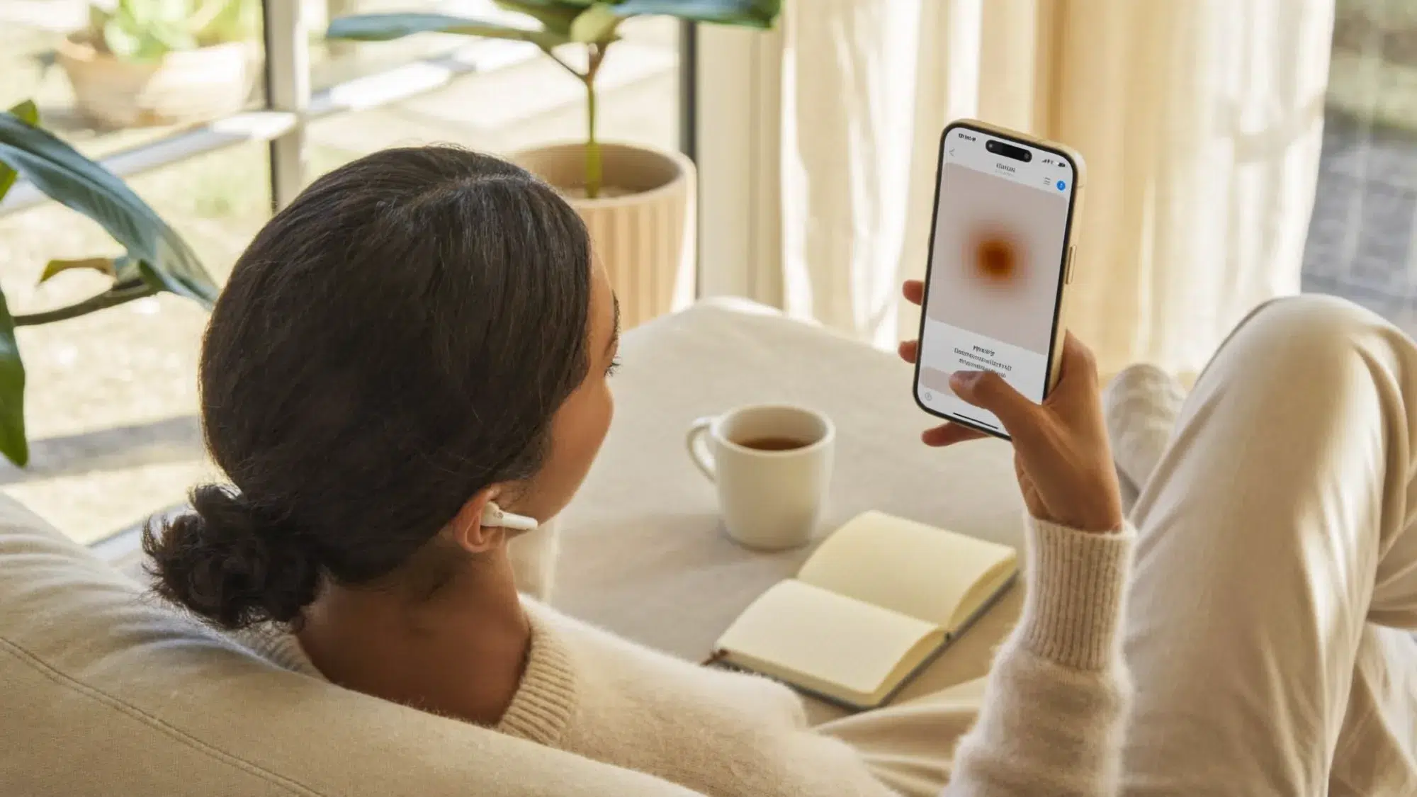 Une femme assise sur un canapé regarde une vidéo sur son téléphone