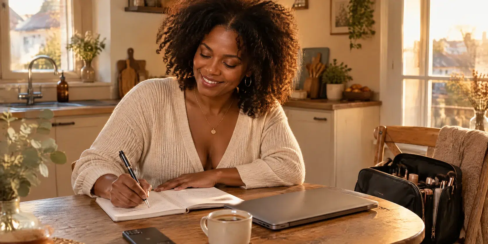 Un professionnel de la beauté à domicile fait ses comptes à la table de sa cuisine