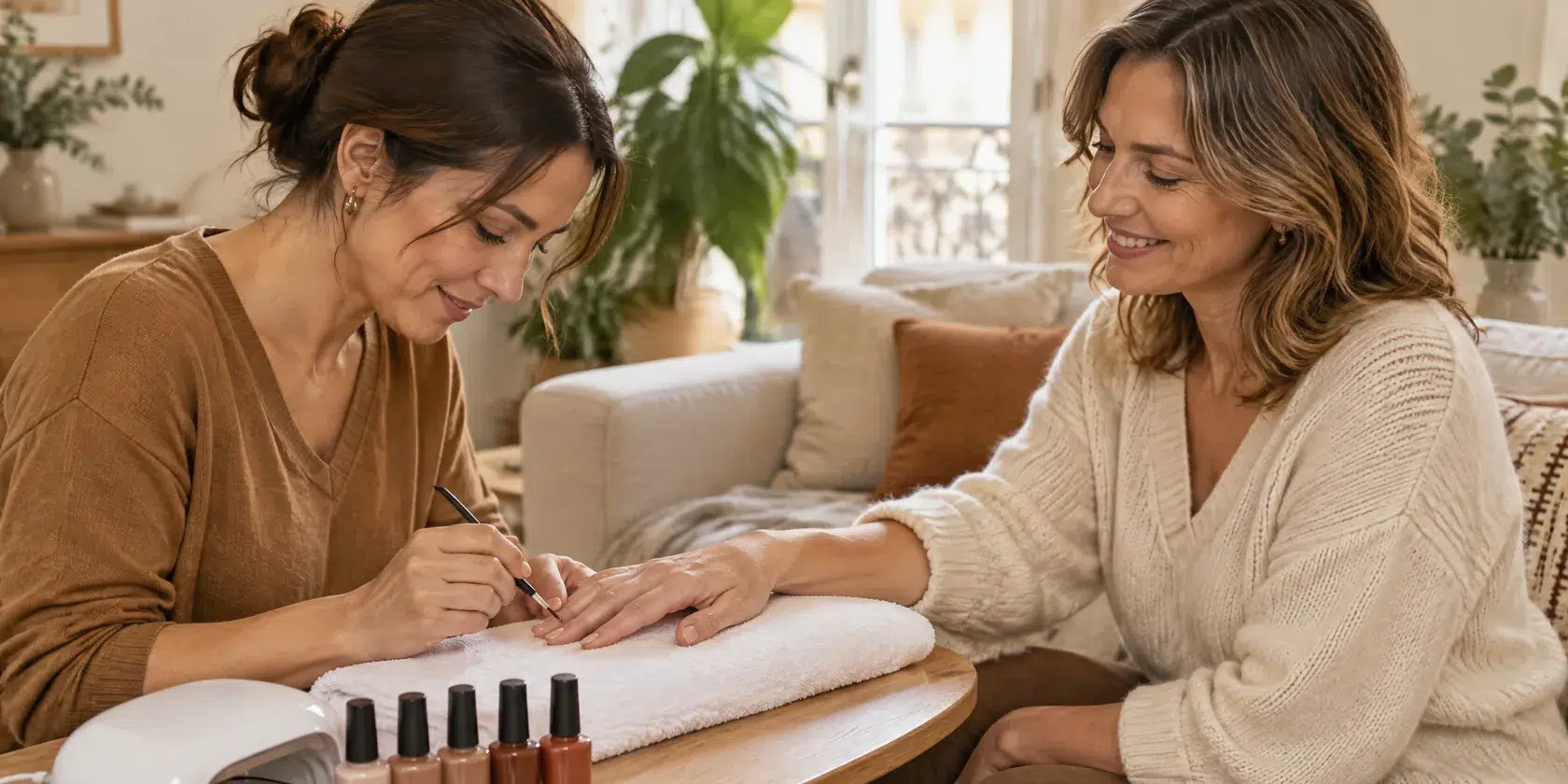 Une prothésiste ongulaire pose un vernis gel chez un client, dans son salon